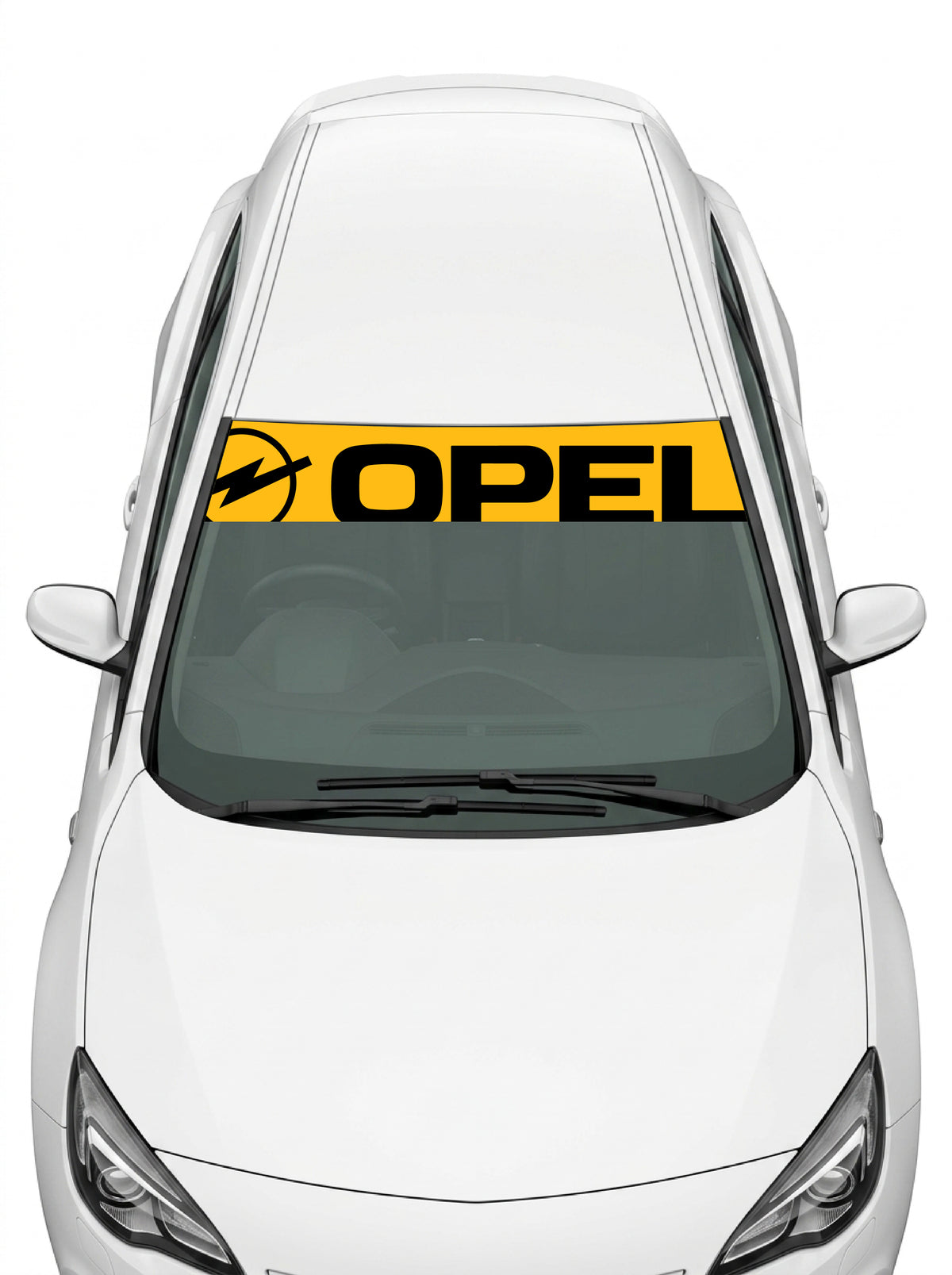 Coche con el parasol de vinilo Opel amarillo con el rayo y el lettering OPEL inclinados en negro instalado en el parabrisas