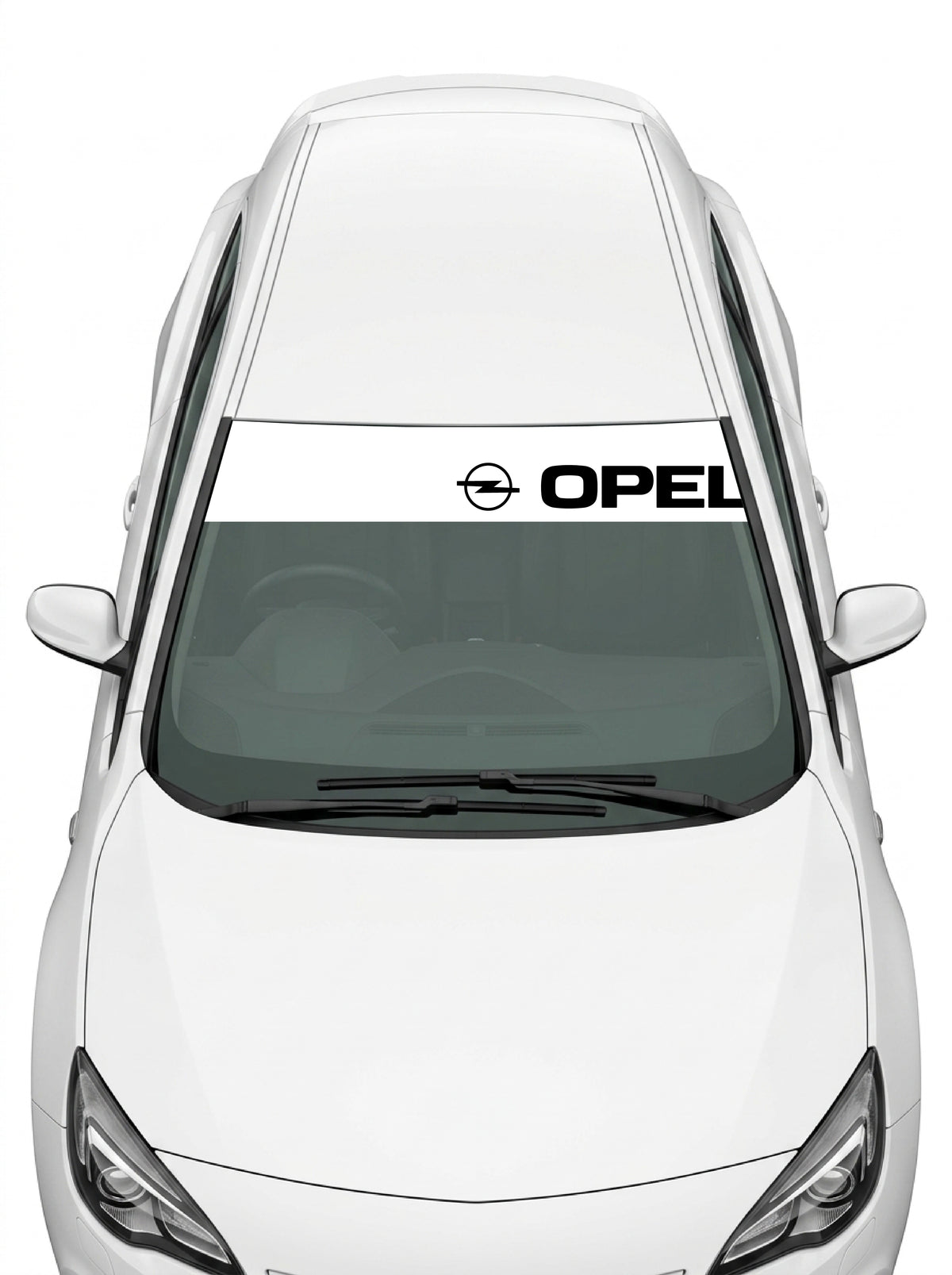 Coche con el parasol de vinilo Opel blanco con el emblema Blitz y el lettering OPEL en negro instalado en el parabrisas