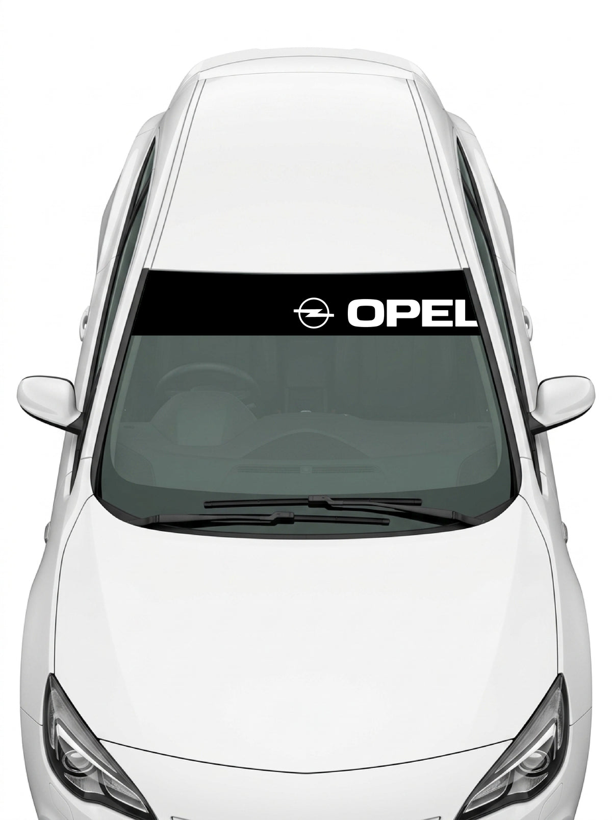Coche con el parasol de vinilo Opel negro con el emblema Blitz y el lettering OPEL en blanco instalado en el parabrisas