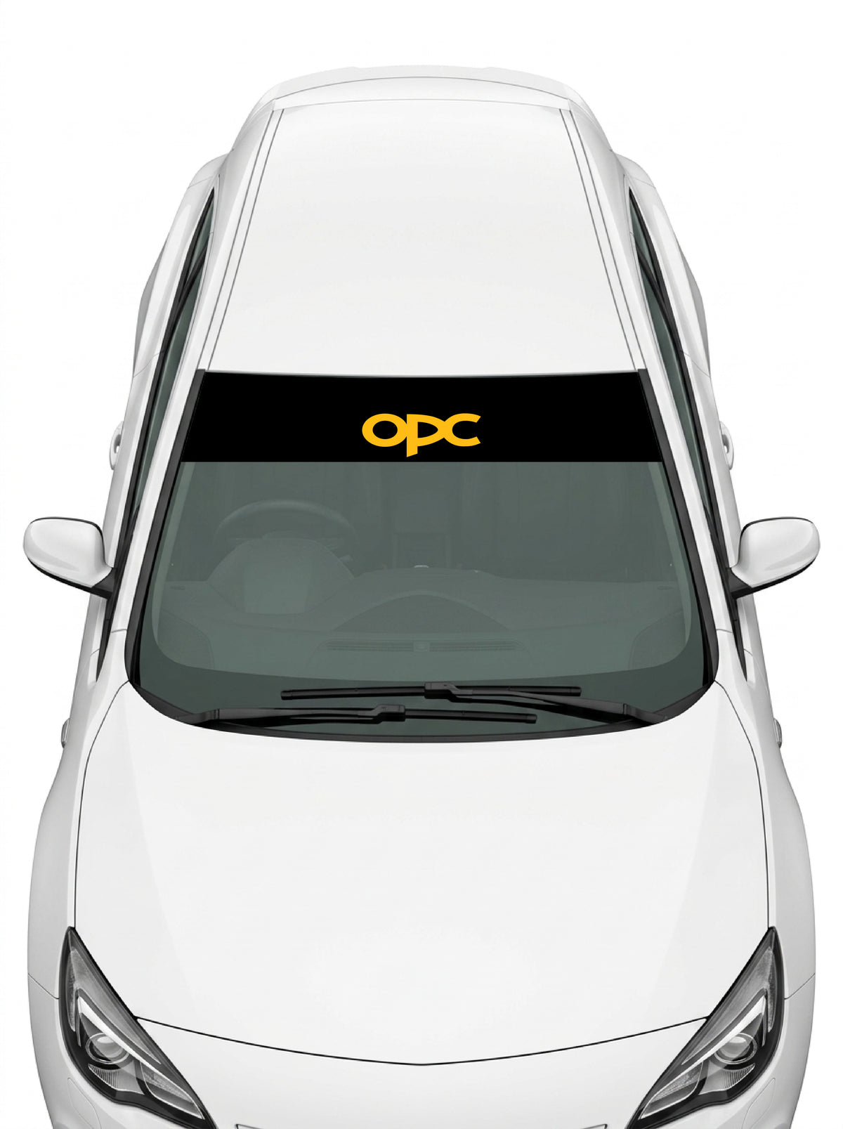 Coche con el parasol de vinilo Opel OPC negro con el lettering OPC en amarillo instalado en el parabrisas