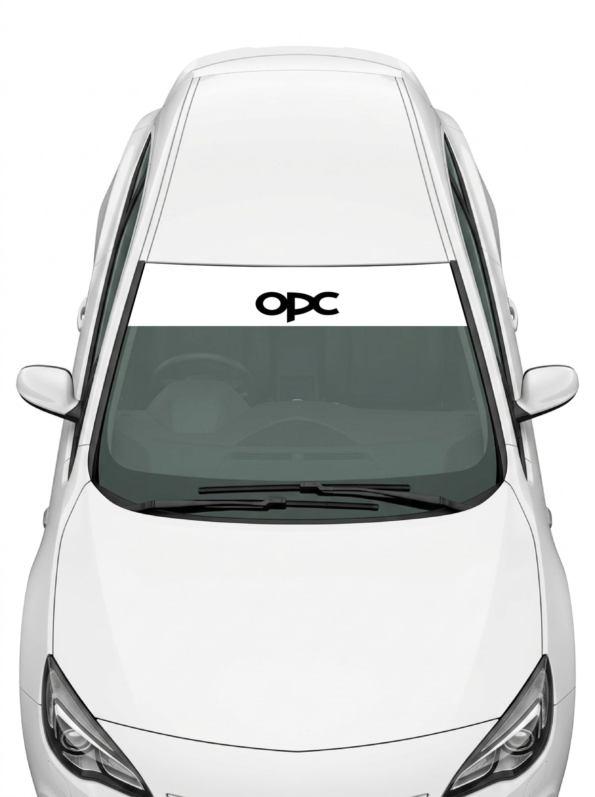 Coche con el parasol de vinilo Opel OPC blanco con el lettering OPC en negro instalado en el parabrisas