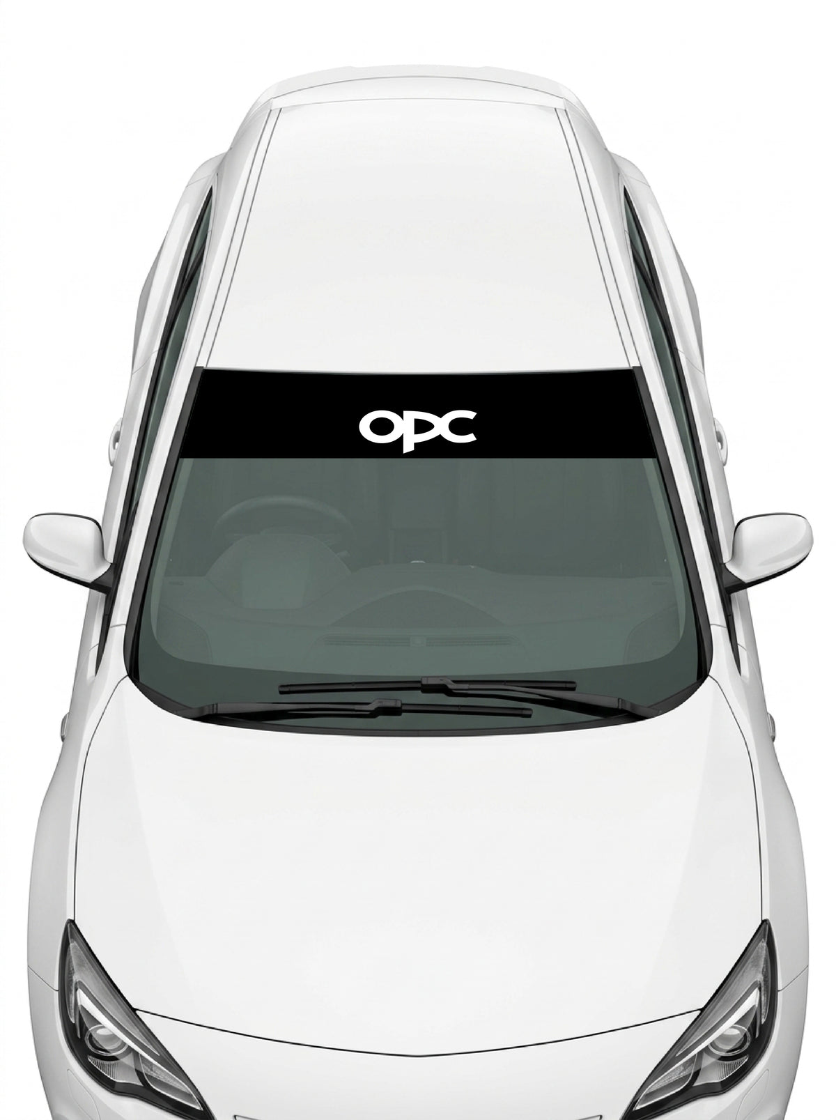 Coche con el parasol de vinilo Opel OPC negro con el lettering OPC en blanco instalado en el parabrisas