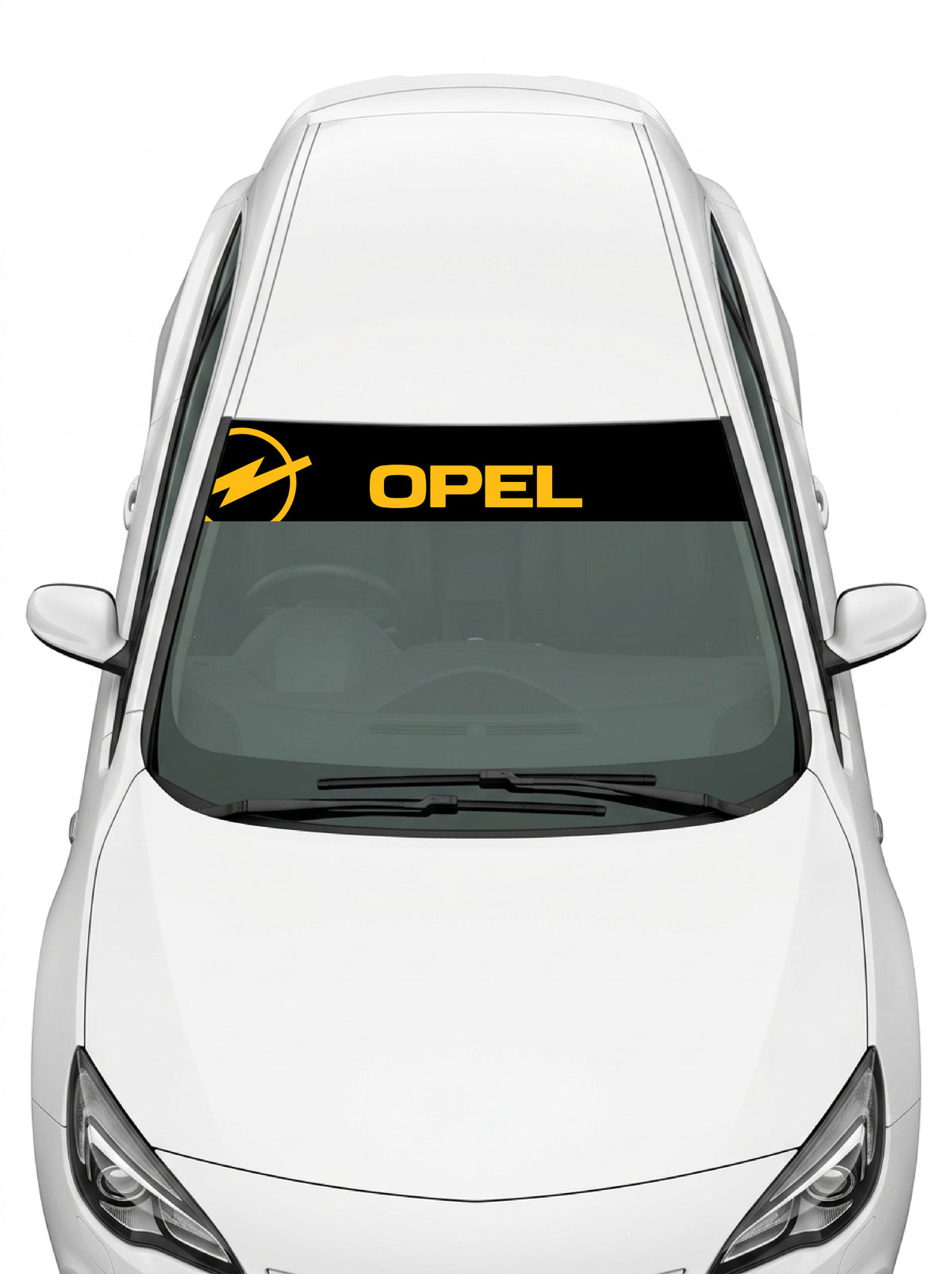 Coche con el parasol de vinilo Opel negro con el rayo Blitz y el lettering OPEL en amarillo instalado en el parabrisas