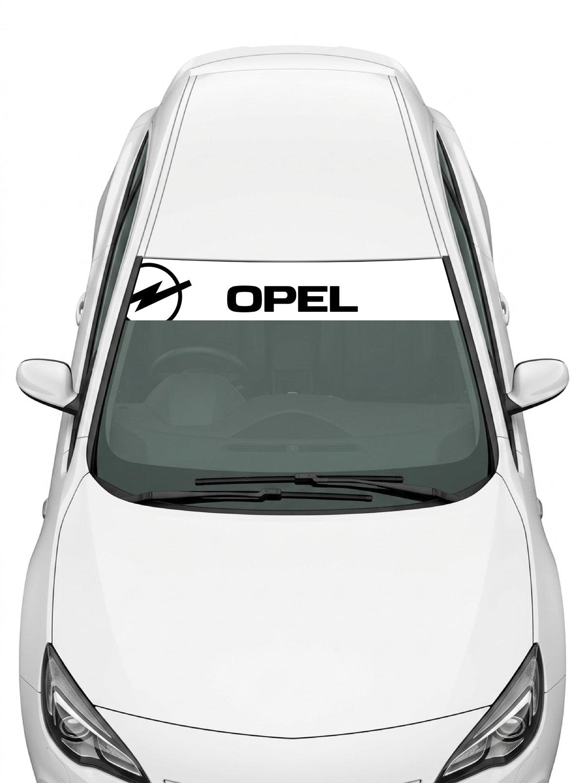 Coche con el parasol de vinilo Opel blanco con el rayo Blitz y el lettering OPEL en negro instalado en el parabrisas