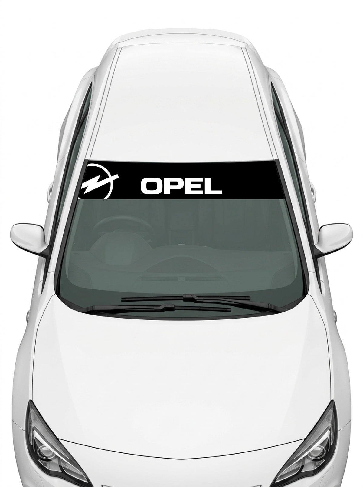 Coche con el parasol de vinilo Opel negro con el rayo Blitz y el lettering OPEL en blanco instalado en el parabrisas