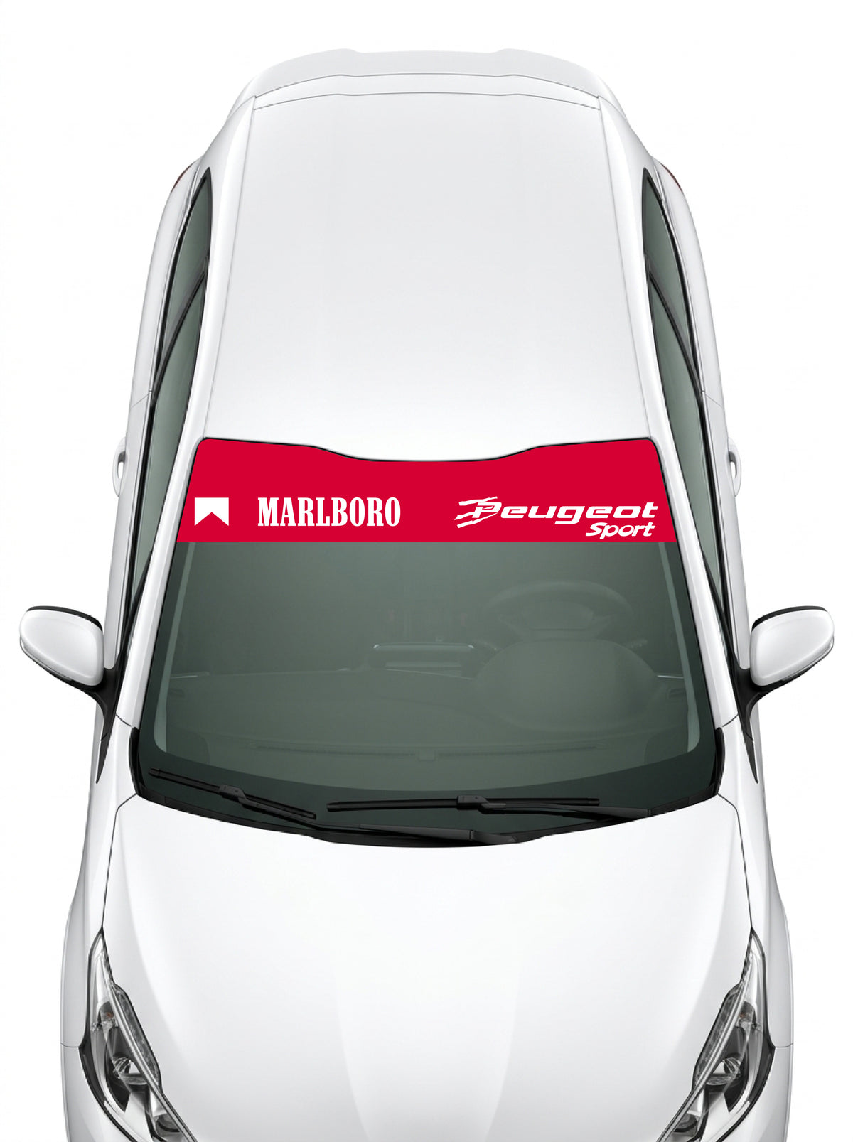 Coche con el parasol de vinilo Peugeot rojo con el lettering MARLBORO y el logo Peugeot Sport de la livrea de Le Mans instalado en el parabrisas