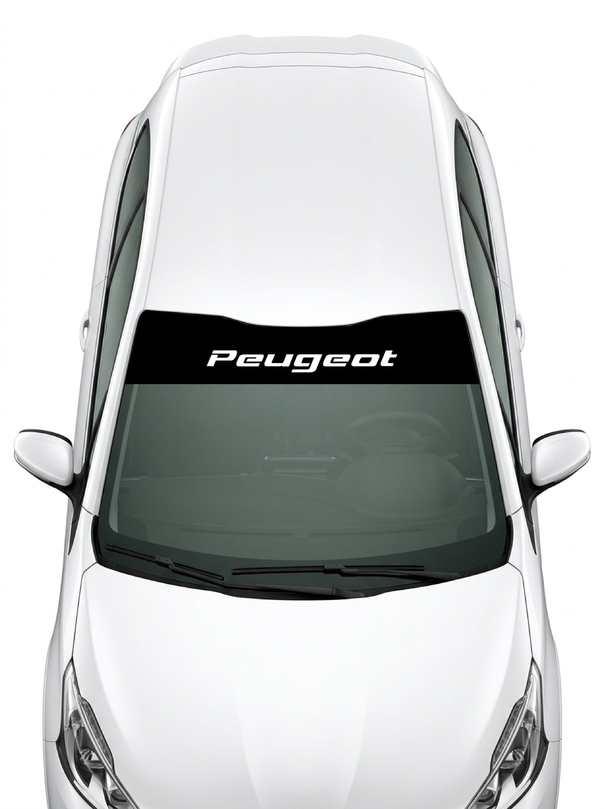 Coche con el parasol de vinilo Peugeot negro con el lettering Peugeot en cursiva en blanco instalado en el parabrisas