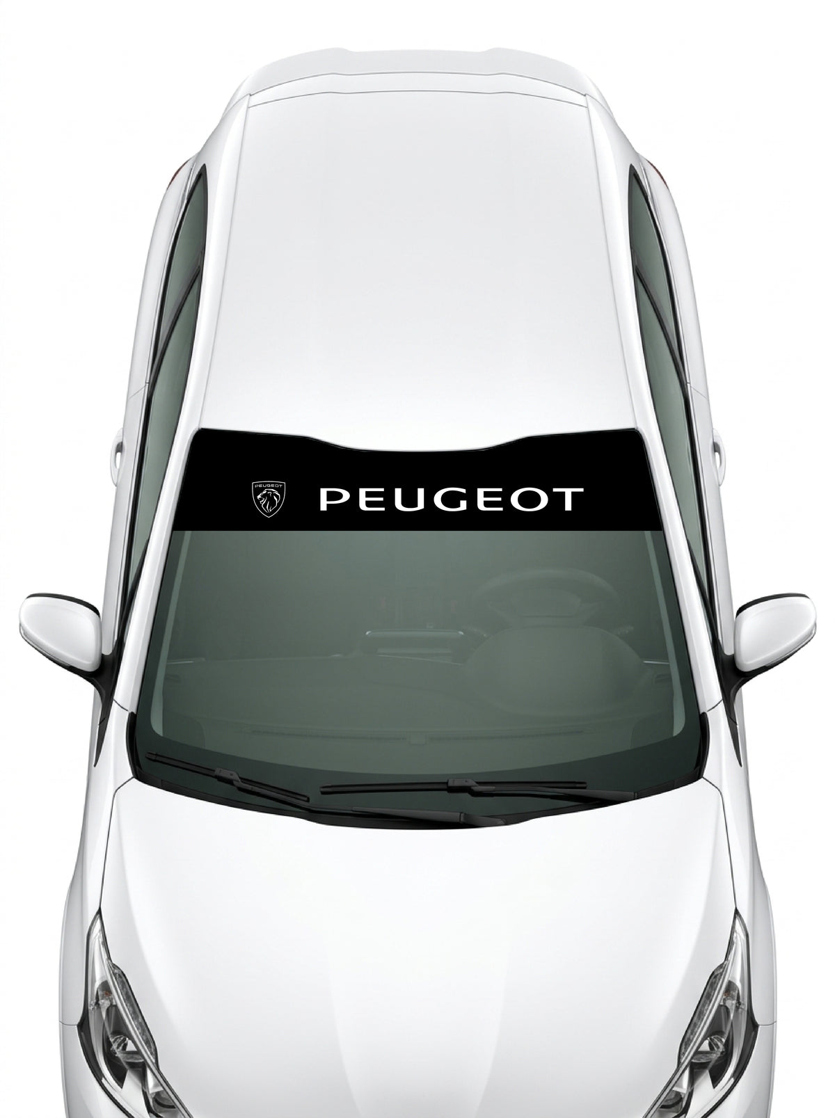 Coche con el parasol de vinilo Peugeot negro con el escudo del leon de 2021 y el lettering PEUGEOT en blanco instalado en el parabrisas