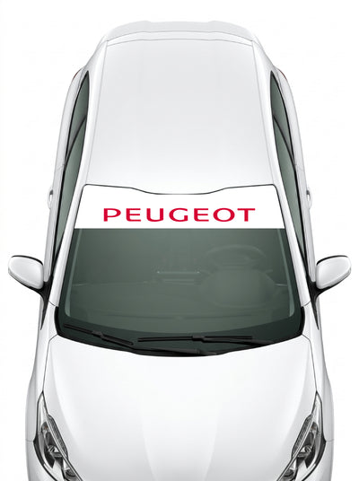 Coche con el parasol de vinilo Peugeot blanco con el lettering PEUGEOT en mayusculas en rojo instalado en el parabrisas