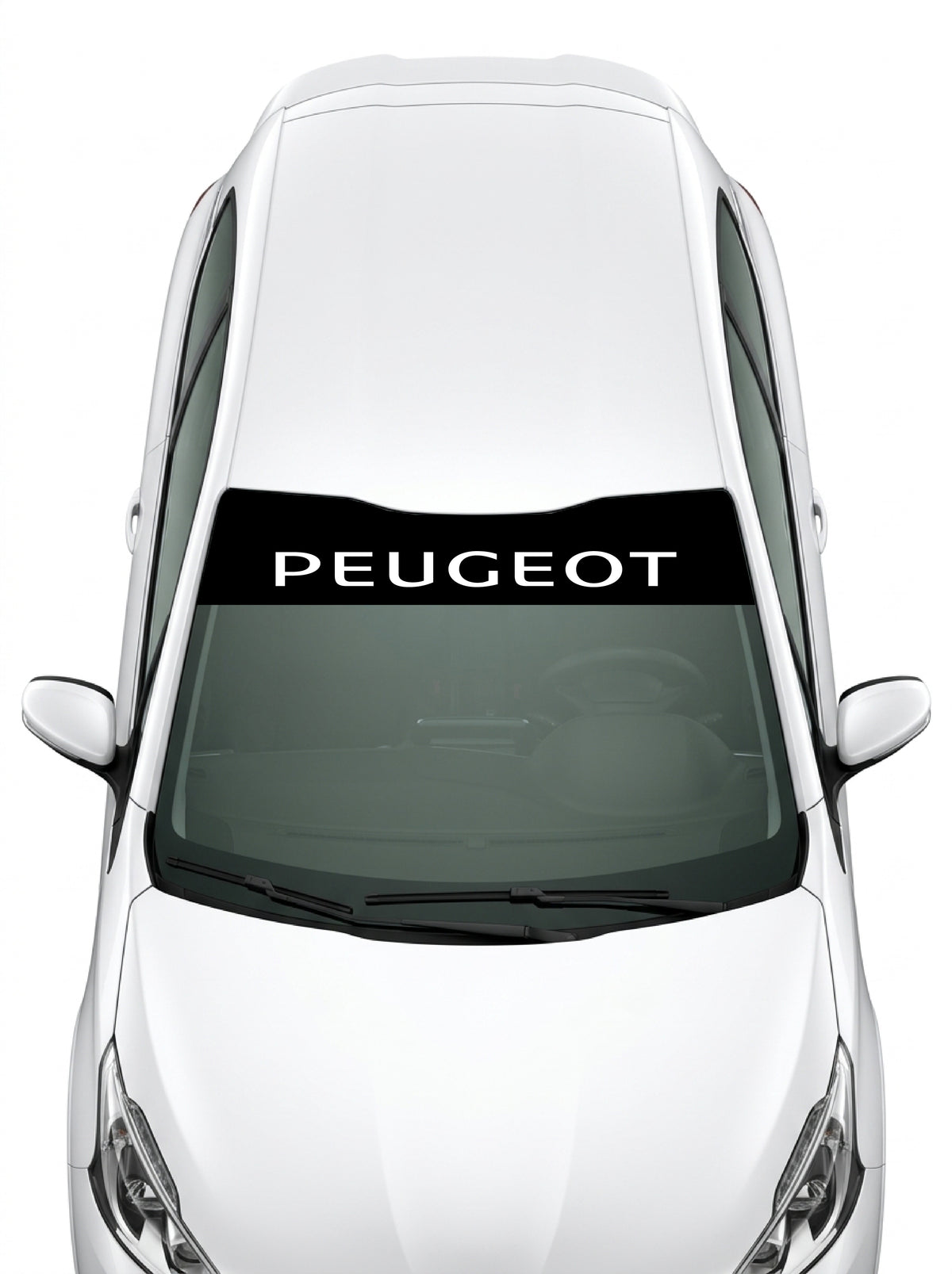 Coche con el parasol de vinilo Peugeot negro con el lettering PEUGEOT en mayusculas en blanco instalado en el parabrisas