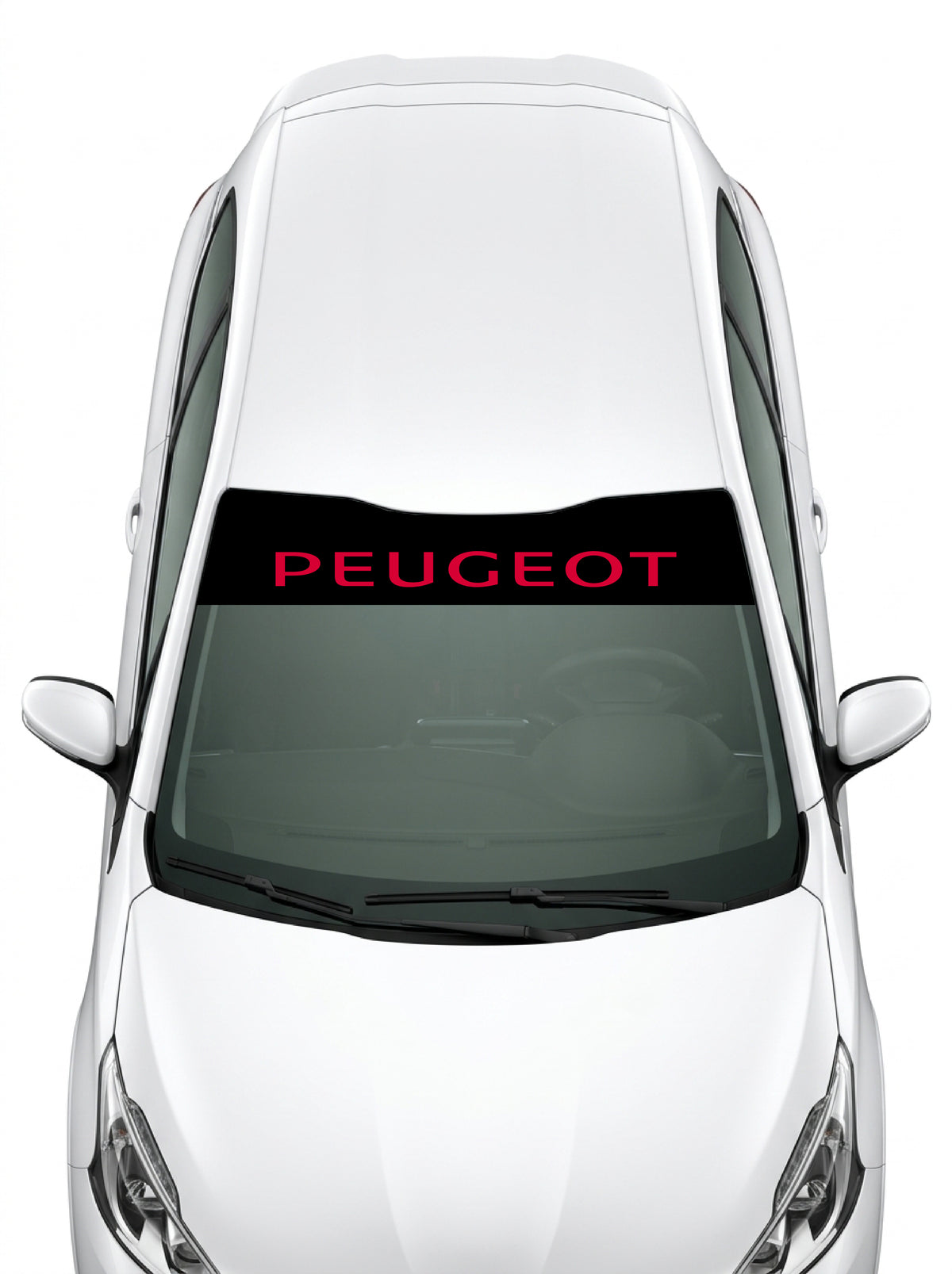Coche con el parasol de vinilo Peugeot negro con el lettering PEUGEOT en mayusculas en rojo instalado en el parabrisas