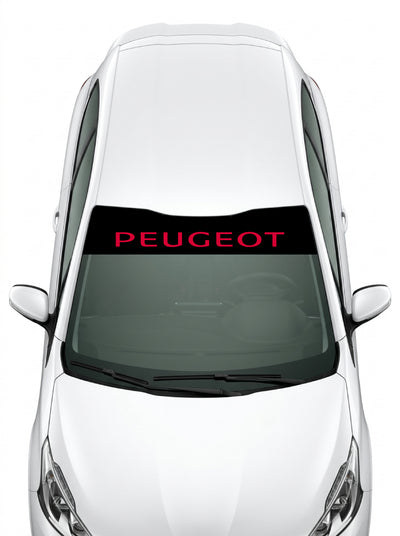 Coche con el parasol de vinilo Peugeot negro con el lettering PEUGEOT en mayusculas en rojo instalado en el parabrisas