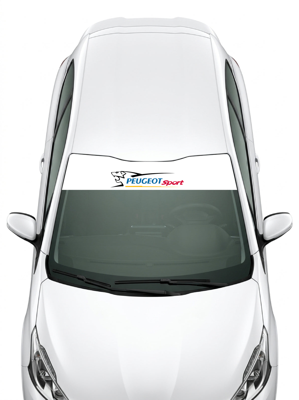 Coche con el parasol de vinilo Peugeot blanco con el leon de Peugeot Sport y el lettering PEUGEOT Sport instalado en el parabrisas