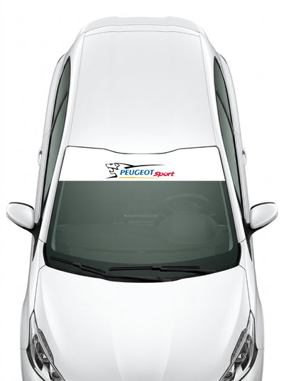 Coche con el parasol de vinilo Peugeot blanco con el leon de Peugeot Sport y el lettering PEUGEOT Sport instalado en el parabrisas