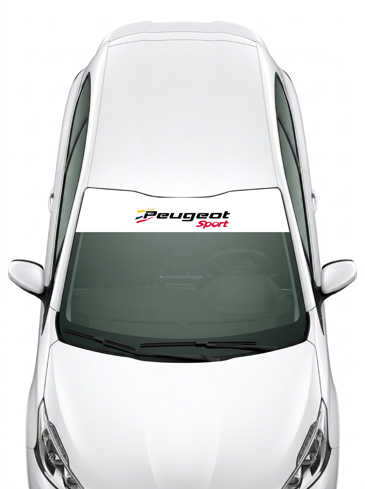 Coche con el parasol de vinilo Peugeot blanco con el lettering Peugeot Sport y las franjas tricolor oficiales instalado en el parabrisas