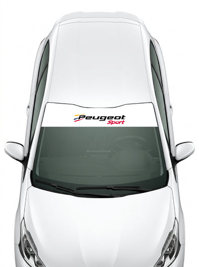 Coche con el parasol de vinilo Peugeot blanco con el lettering Peugeot Sport y las franjas tricolor oficiales instalado en el parabrisas