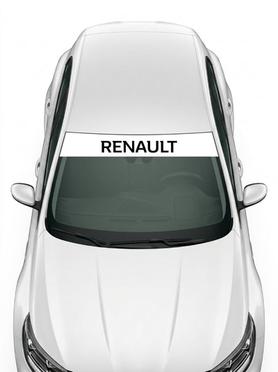 Coche con el parasol de vinilo Renault blanco con el lettering RENAULT en negro instalado en el parabrisas