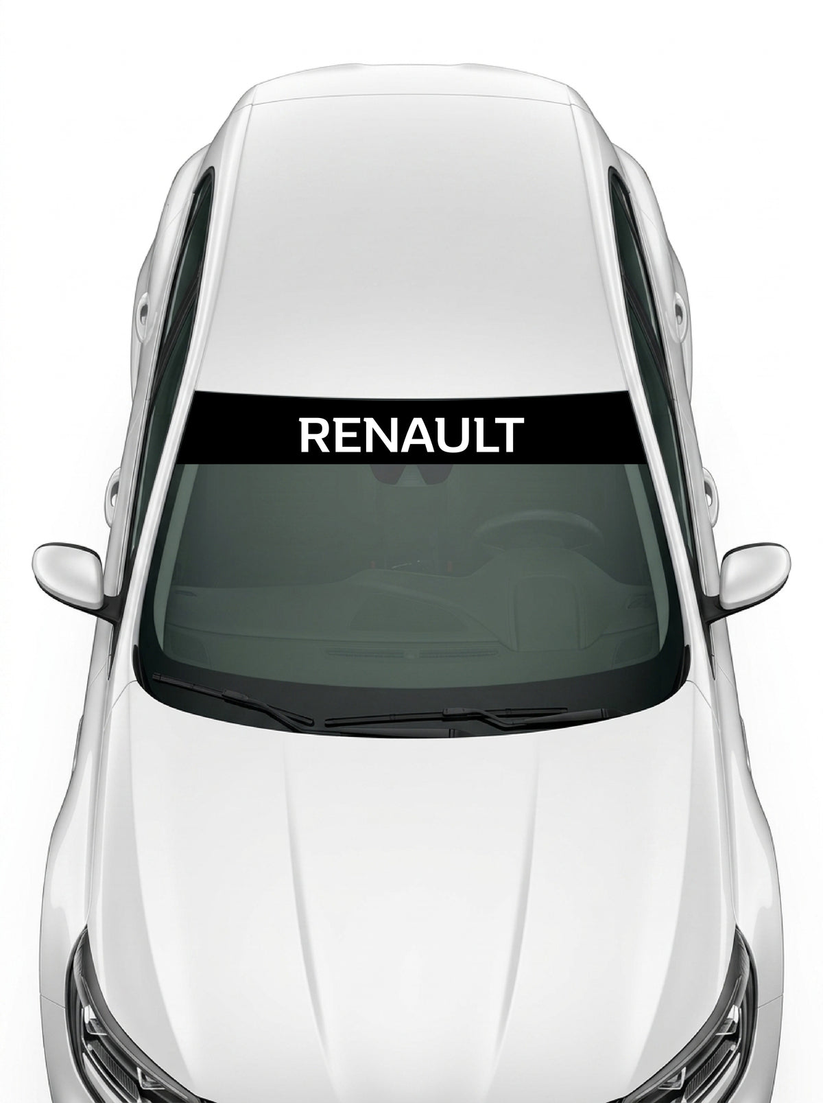 Coche con el parasol de vinilo Renault negro con el lettering RENAULT en blanco instalado en el parabrisas