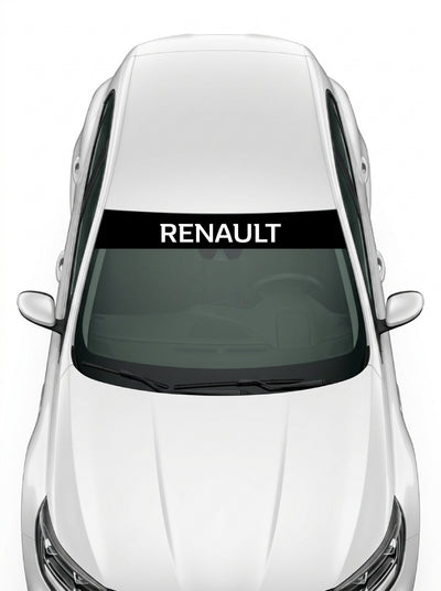Coche con el parasol de vinilo Renault negro con el lettering RENAULT en blanco instalado en el parabrisas