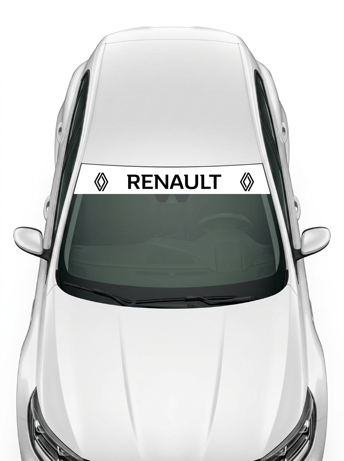 Coche con el parasol de vinilo Renault blanco con el rombo de 2021 a los dos lados y el lettering RENAULT en negro instalado en el parabrisas