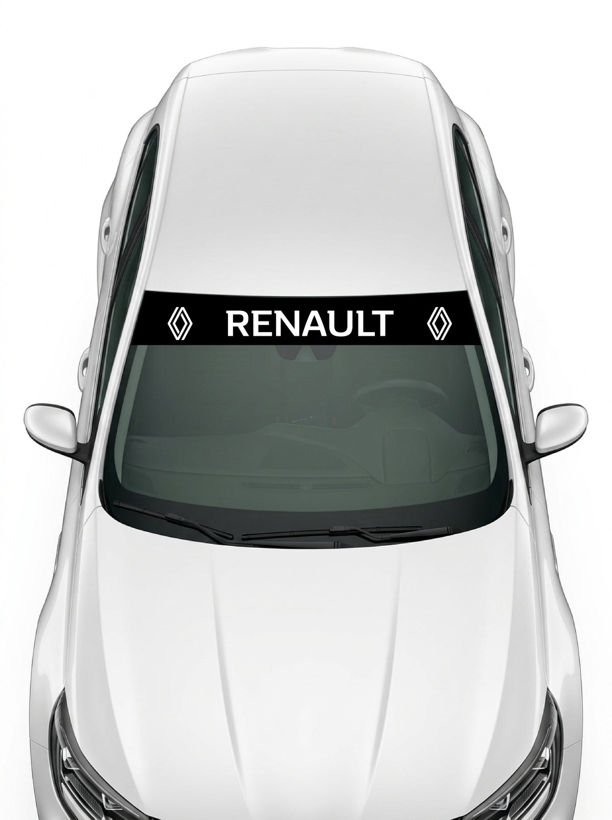 Coche con el parasol de vinilo Renault negro con el rombo de 2021 a los dos lados y el lettering RENAULT en blanco instalado en el parabrisas