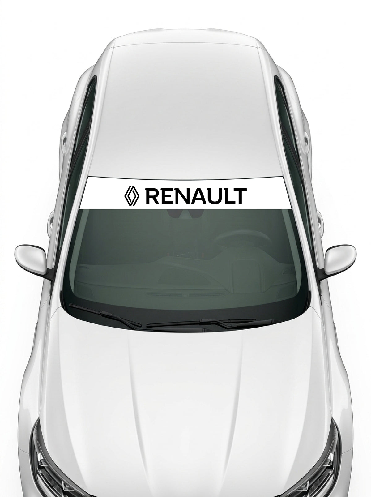 Coche con el parasol de vinilo Renault blanco con el rombo de 2021 y el lettering RENAULT en negro instalado en el parabrisas