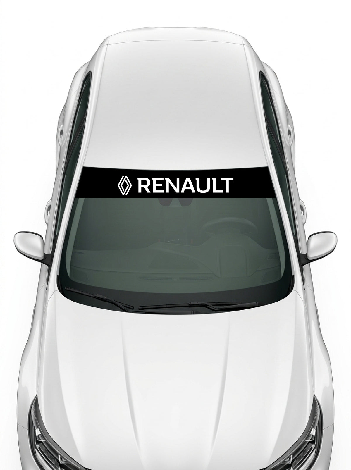 Coche con el parasol de vinilo Renault negro con el rombo de 2021 y el lettering RENAULT en blanco instalado en el parabrisas