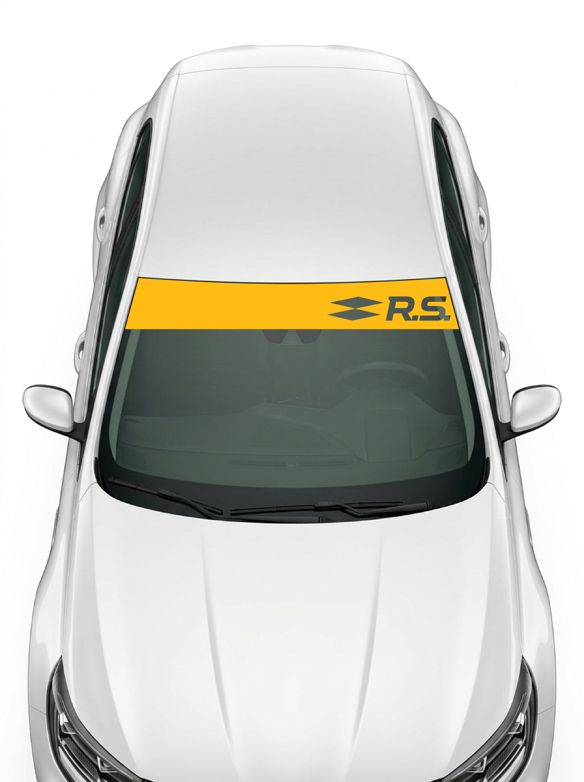 Coche con el parasol de vinilo Renault R.S. amarillo con el rombo y las siglas R.S. troqueladas instalado en el parabrisas