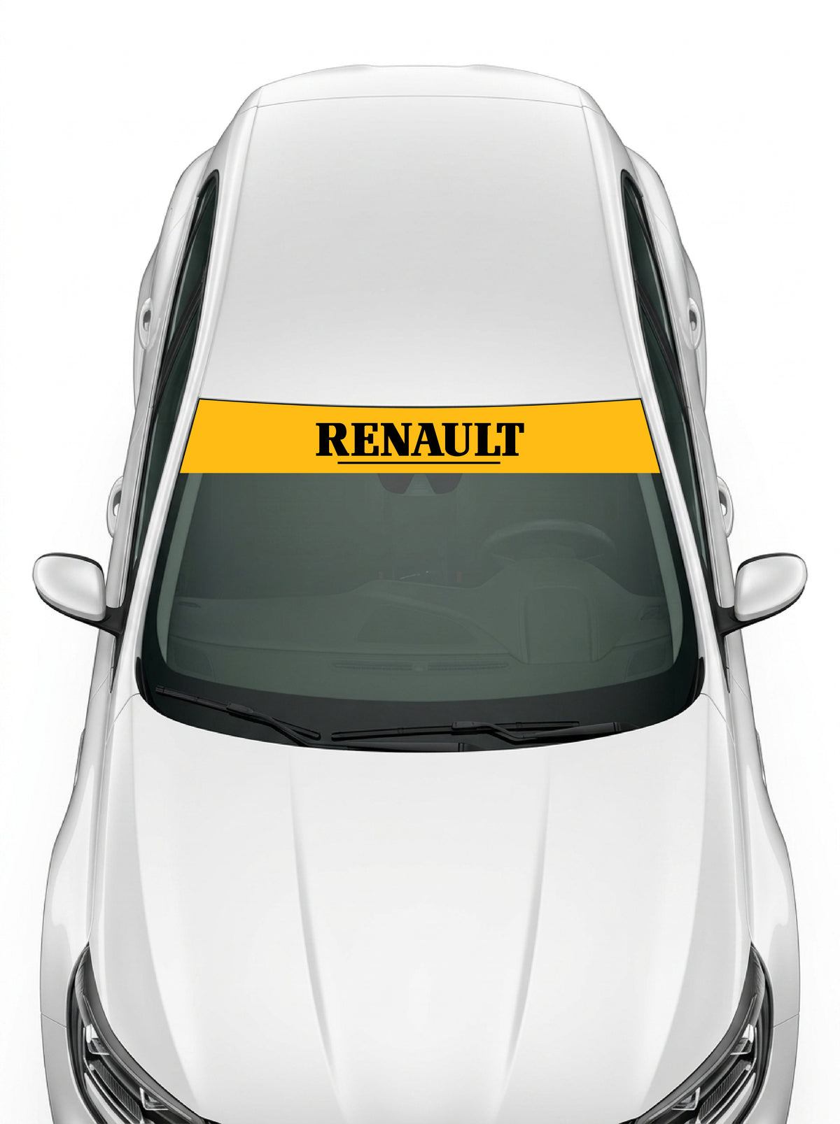 Coche con el parasol de vinilo Renault amarillo con el lettering RENAULT serif subrayado en negro instalado en el parabrisas