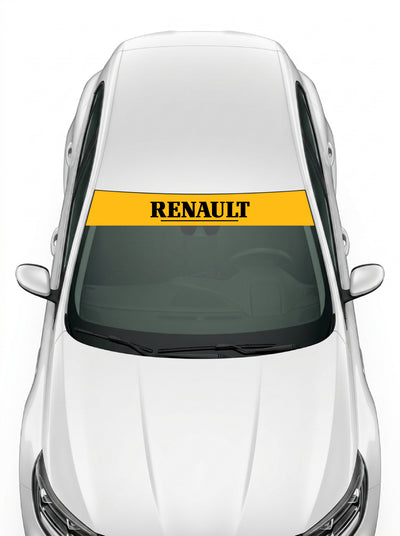 Coche con el parasol de vinilo Renault amarillo con el lettering RENAULT serif subrayado en negro instalado en el parabrisas