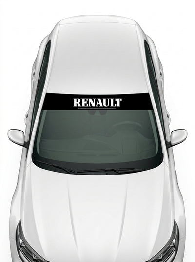 Coche con el parasol de vinilo Renault negro con el lettering RENAULT serif subrayado en blanco instalado en el parabrisas