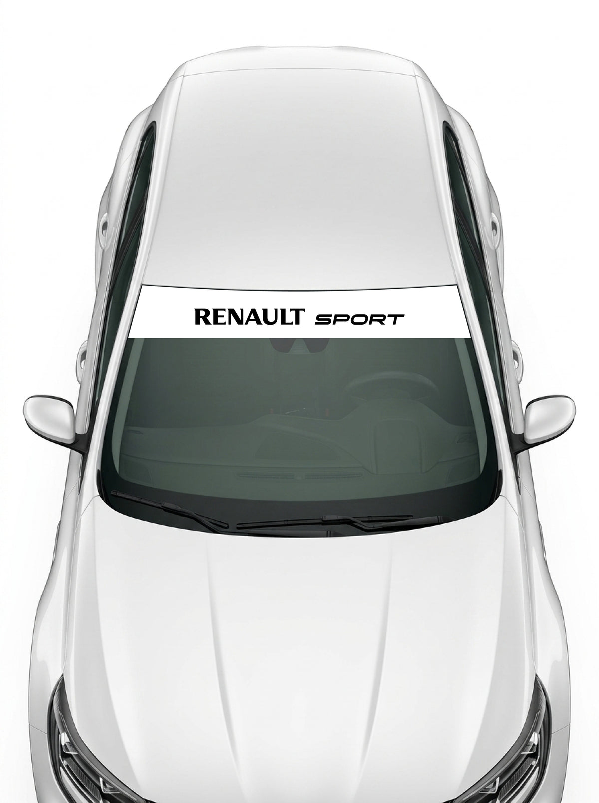 Coche con el parasol de vinilo Renault Sport blanco con el lettering RENAULT SPORT en negro instalado en el parabrisas