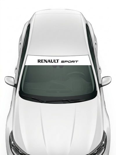 Coche con el parasol de vinilo Renault Sport blanco con el lettering RENAULT SPORT en negro instalado en el parabrisas