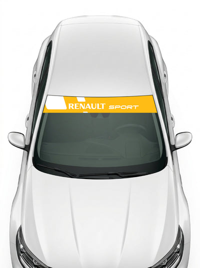 Coche con el parasol de vinilo Renault Sport amarillo con el lettering RENAULT SPORT en blanco y el bloque de la livrea instalado en el parabrisas