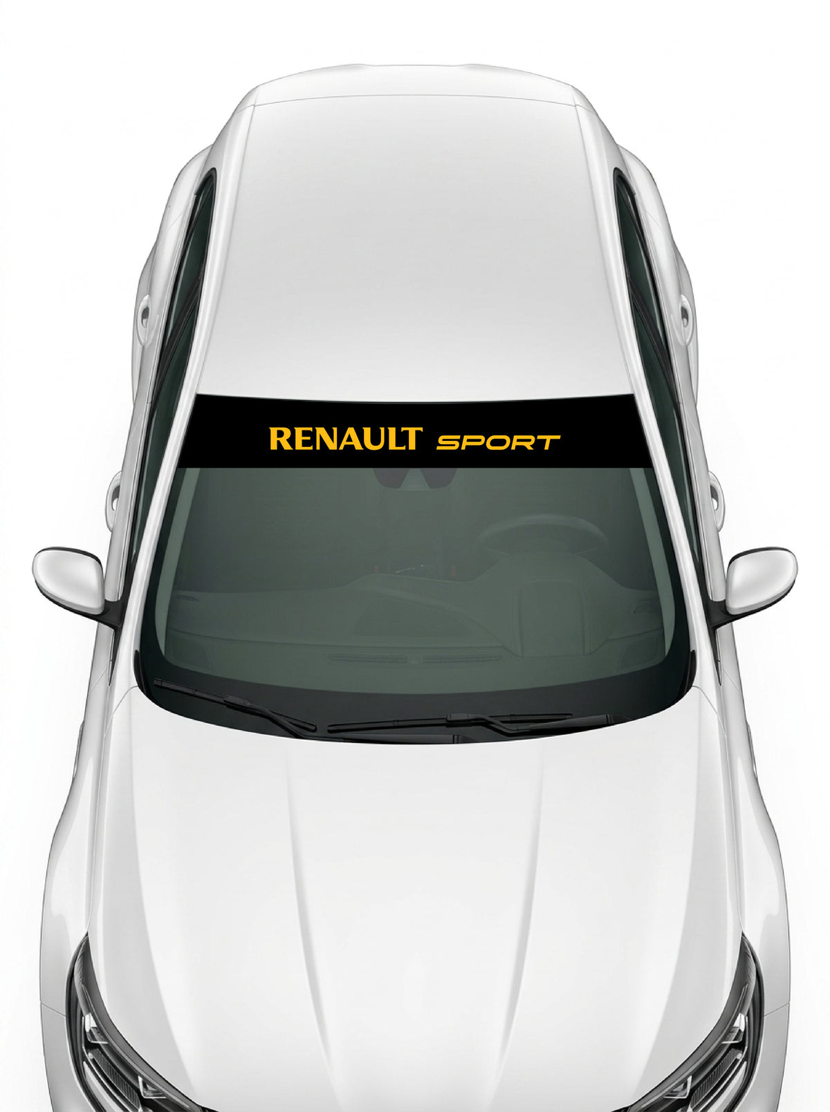 Coche con el parasol de vinilo Renault Sport negro con el lettering RENAULT SPORT en amarillo instalado en el parabrisas