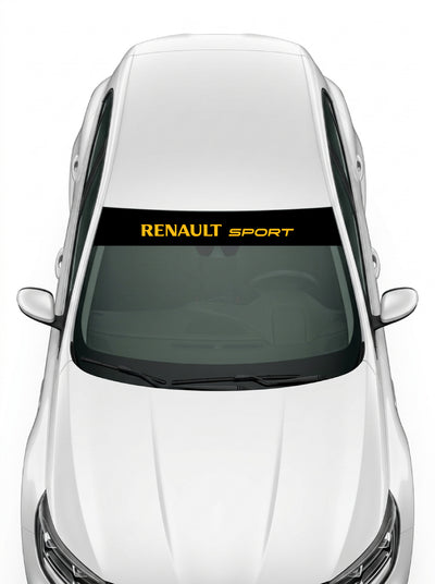 Coche con el parasol de vinilo Renault Sport negro con el lettering RENAULT SPORT en amarillo instalado en el parabrisas
