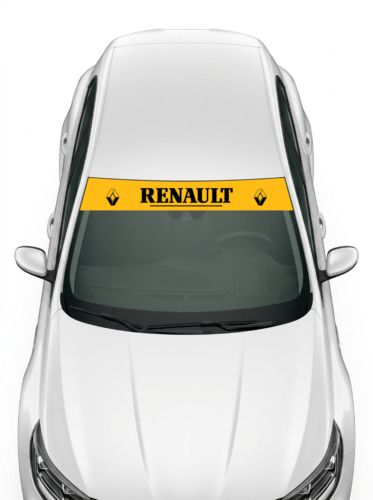 Coche con el parasol de vinilo Renault amarillo con el rombo de lineas a los dos lados y el lettering RENAULT serif subrayado en negro instalado en el parabrisas