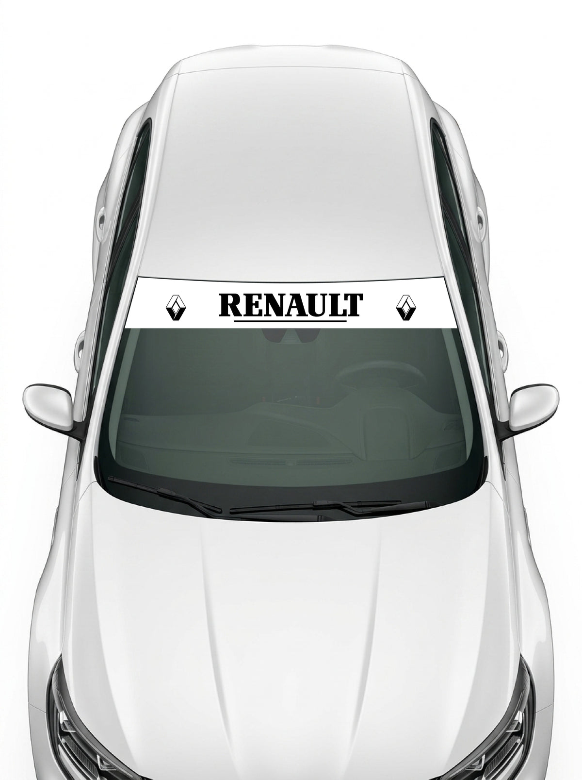 Coche con el parasol de vinilo Renault blanco con el rombo de lineas a los dos lados y el lettering RENAULT serif subrayado en negro instalado en el parabrisas