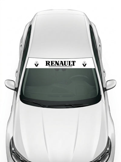 Coche con el parasol de vinilo Renault blanco con el rombo de lineas a los dos lados y el lettering RENAULT serif subrayado en negro instalado en el parabrisas