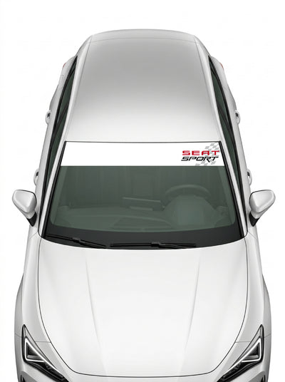 Coche con el parasol de vinilo Seat Sport blanco con el lettering SEAT SPORT y la bandera a cuadros instalado en el parabrisas