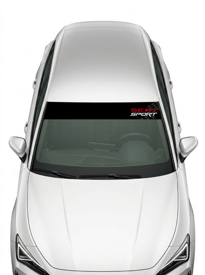 Coche con el parasol de vinilo Seat Sport negro con el lettering SEAT SPORT y la bandera a cuadros instalado en el parabrisas