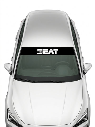 Coche con el parasol de vinilo Seat negro con el lettering SEAT en blanco y las lineas de velocidad en la S instalado en el parabrisas
