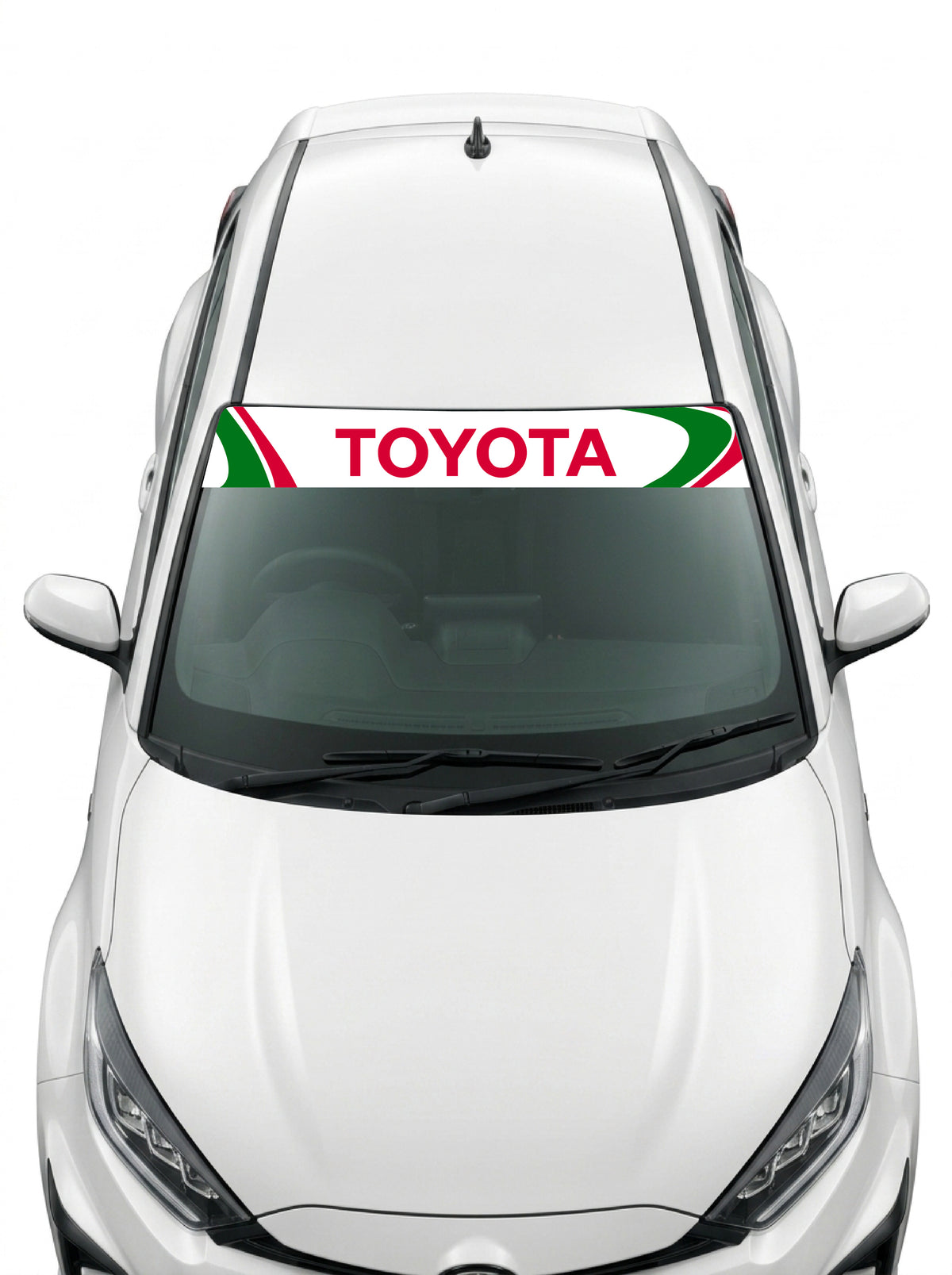 Coche con el parasol de vinilo Toyota blanco con la livrea Castrol en verde y rojo y el lettering TOYOTA en rojo instalado en el parabrisas