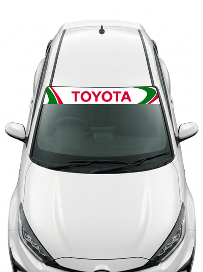 Coche con el parasol de vinilo Toyota blanco con la livrea Castrol en verde y rojo y el lettering TOYOTA en rojo instalado en el parabrisas