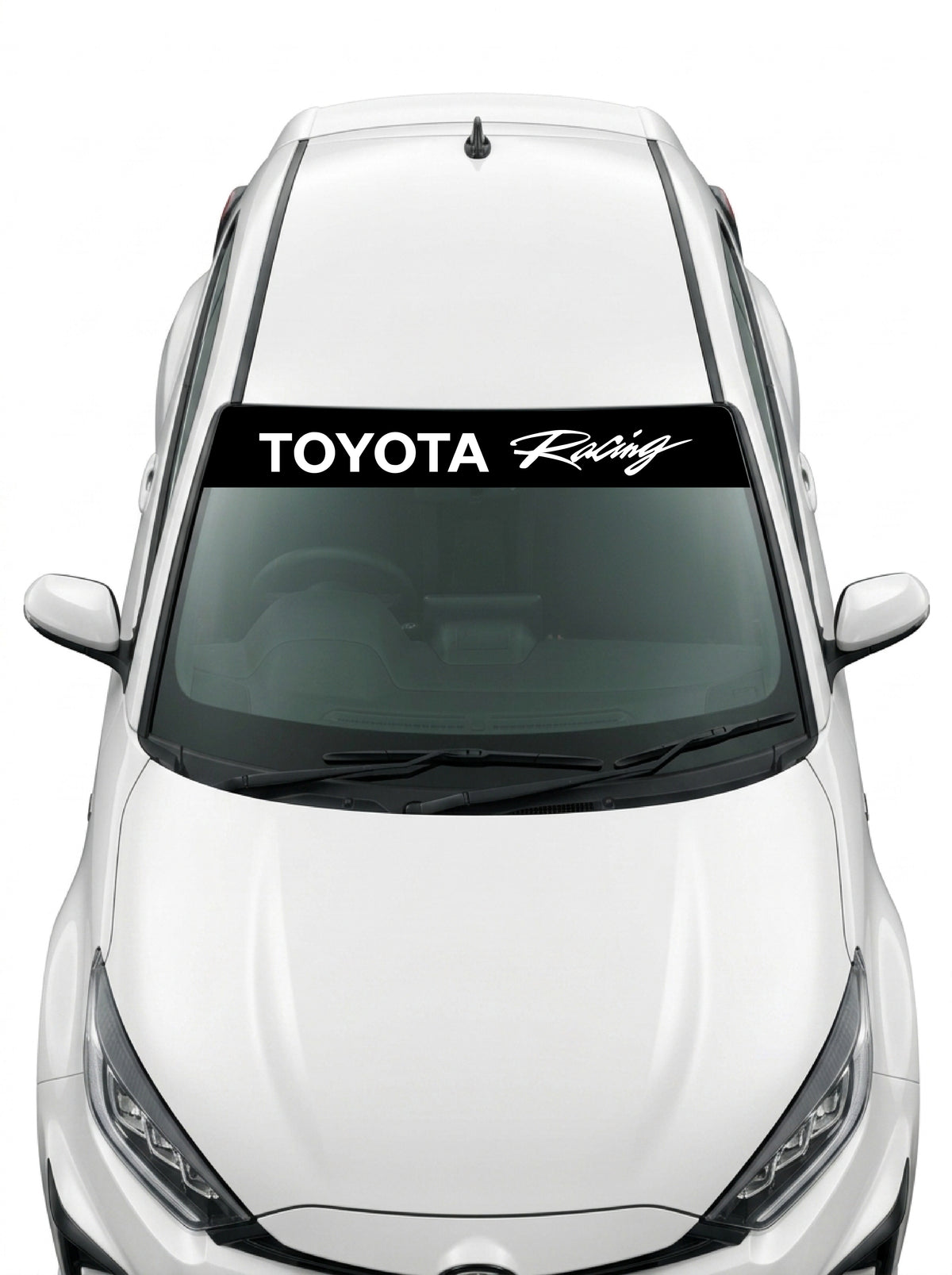 Coche con el parasol de vinilo Toyota negro con el lettering TOYOTA Racing en blanco y la palabra Racing manuscrita instalado en el parabrisas