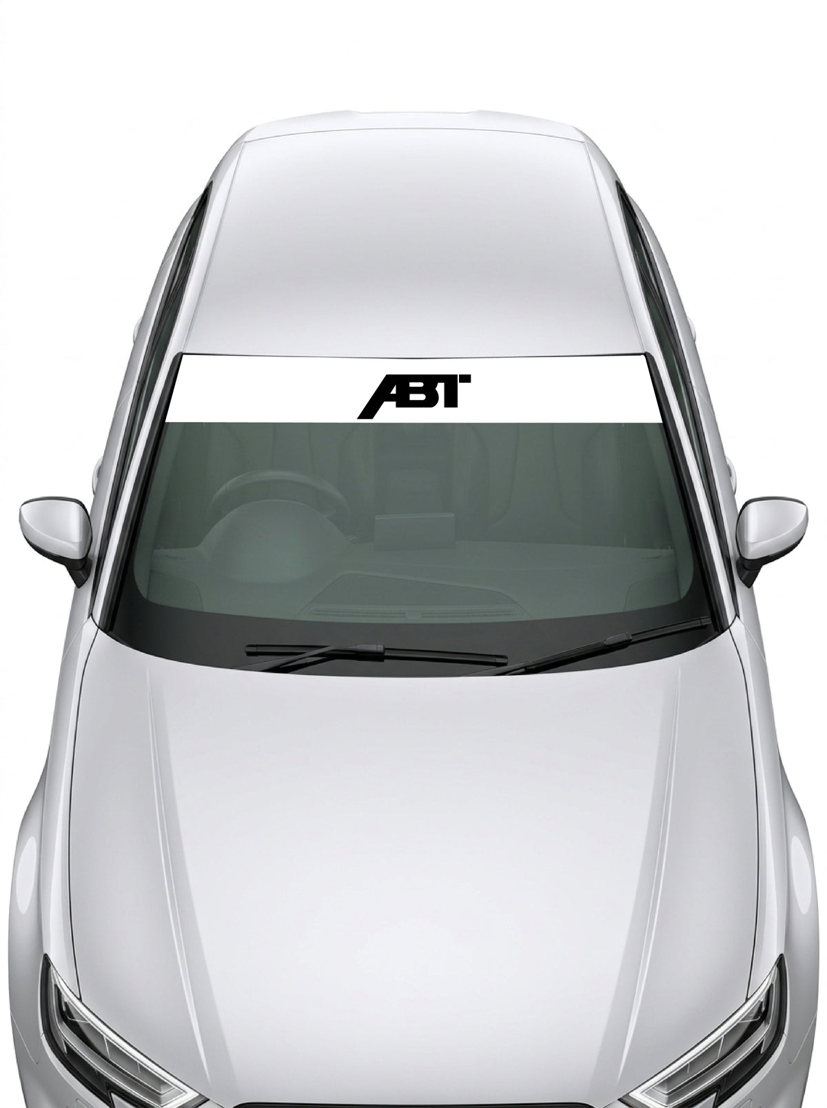 Parasol de vinilo Audi ABT de 150x25 cm en blanco con el lettering ABT Sportsline en negro, instalado en el parabrisas de un coche