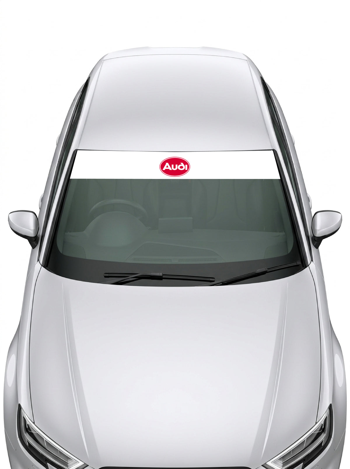 Parasol de vinilo Audi de 150x25 cm en blanco con el logotipo ovalado rojo de Auto Union, instalado en el parabrisas de un coche