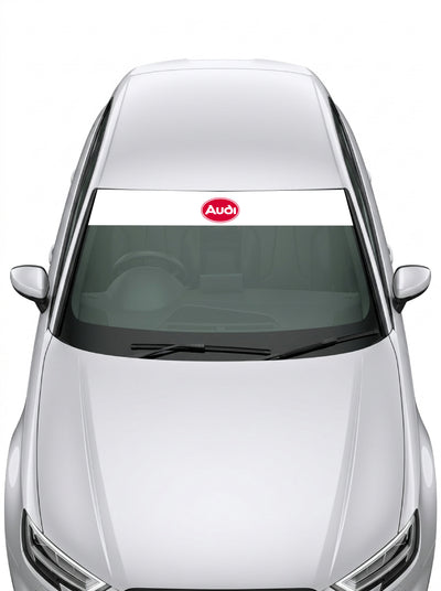 Parasol de vinilo Audi de 150x25 cm en blanco con el logotipo ovalado rojo de Auto Union, instalado en el parabrisas de un coche