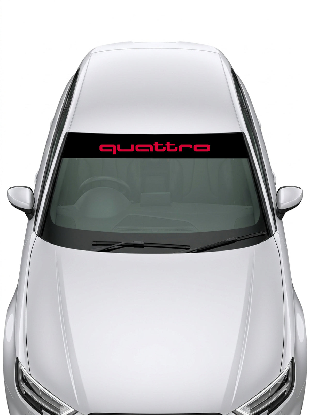 Parasol de vinilo Audi Quattro de 150x25 cm en negro con el lettering quattro en rojo, instalado en el parabrisas de un coche