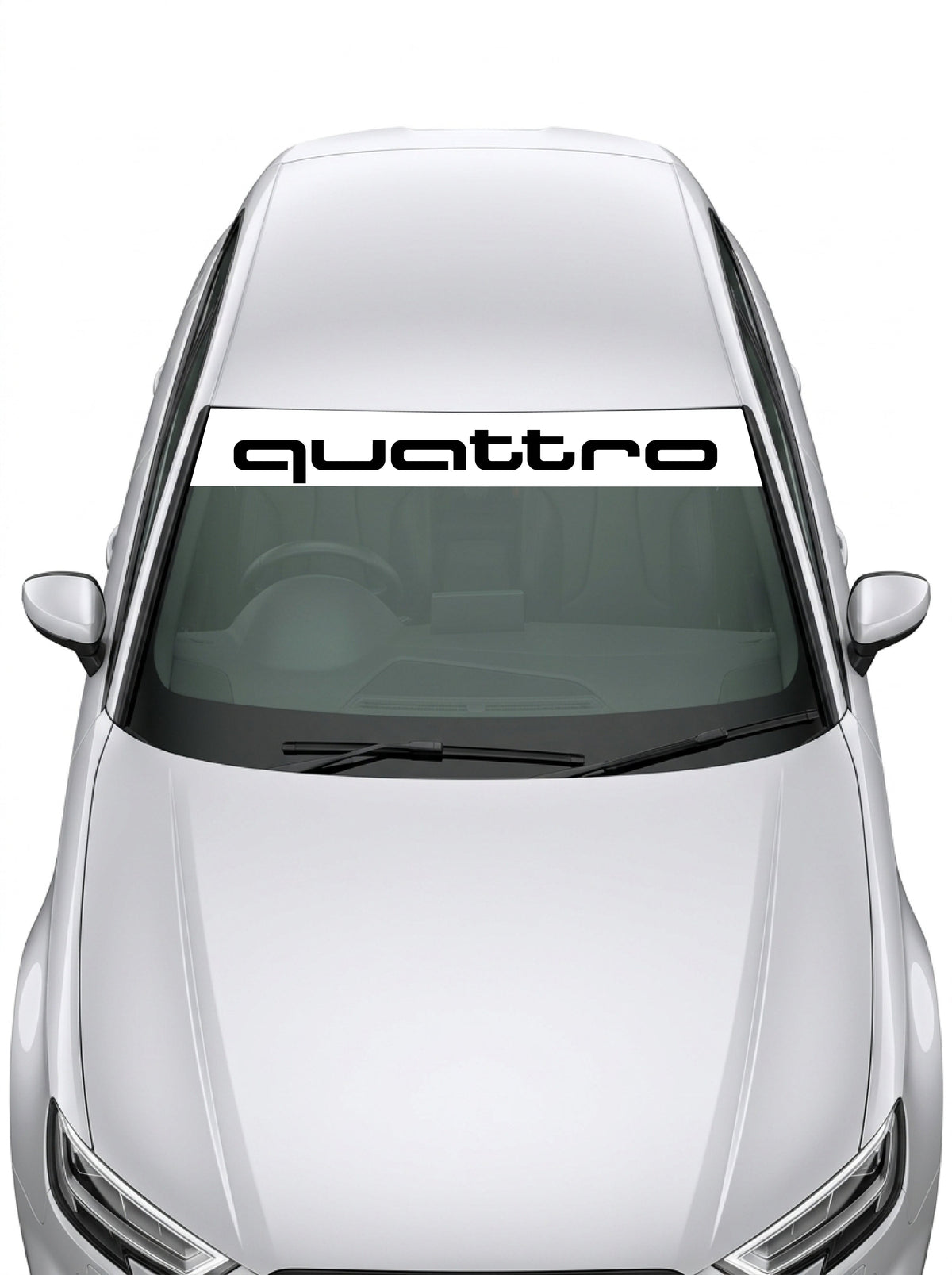 Parasol de vinilo Audi Quattro de 150x25 cm en blanco con la tipografia WRC del lettering quattro en negro, instalado en el parabrisas
